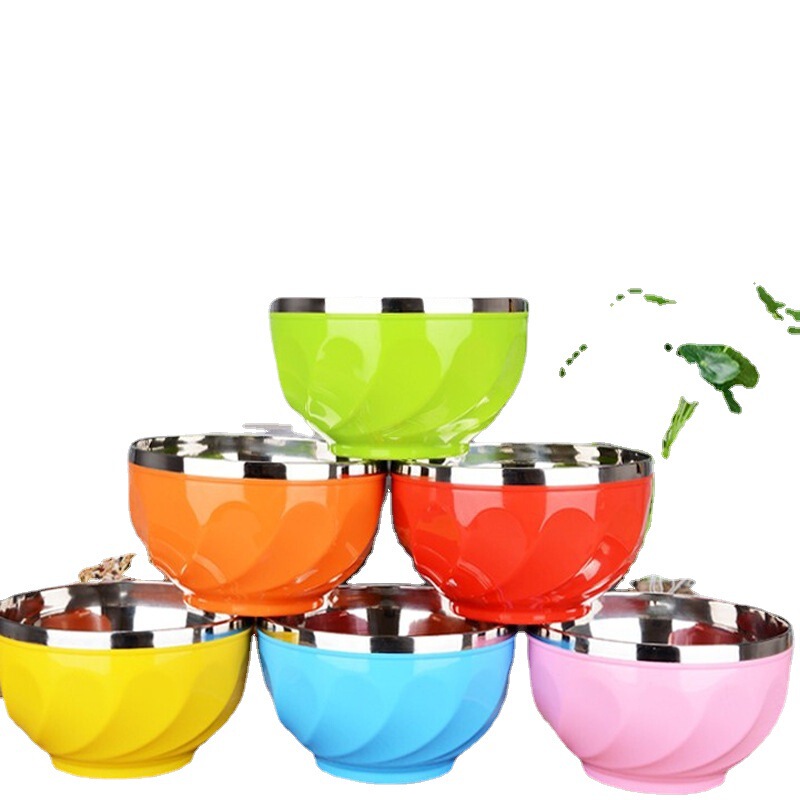 Stainless Steel Household Rice Bowl Plastic Steel Double-Layer Insulation Anti-Scalding Anti-Fall Student Canteen Adult Kidsren's Bowl 13/15