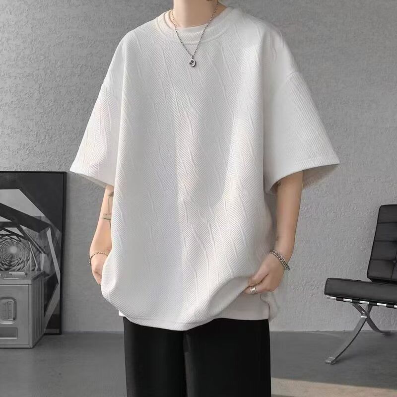 新しいジャカード半袖Tシャツメンズ2025夏トレンディハンサムイン多用途ルーズテクスチャードラウンドネックハーフスリーブ|undefined