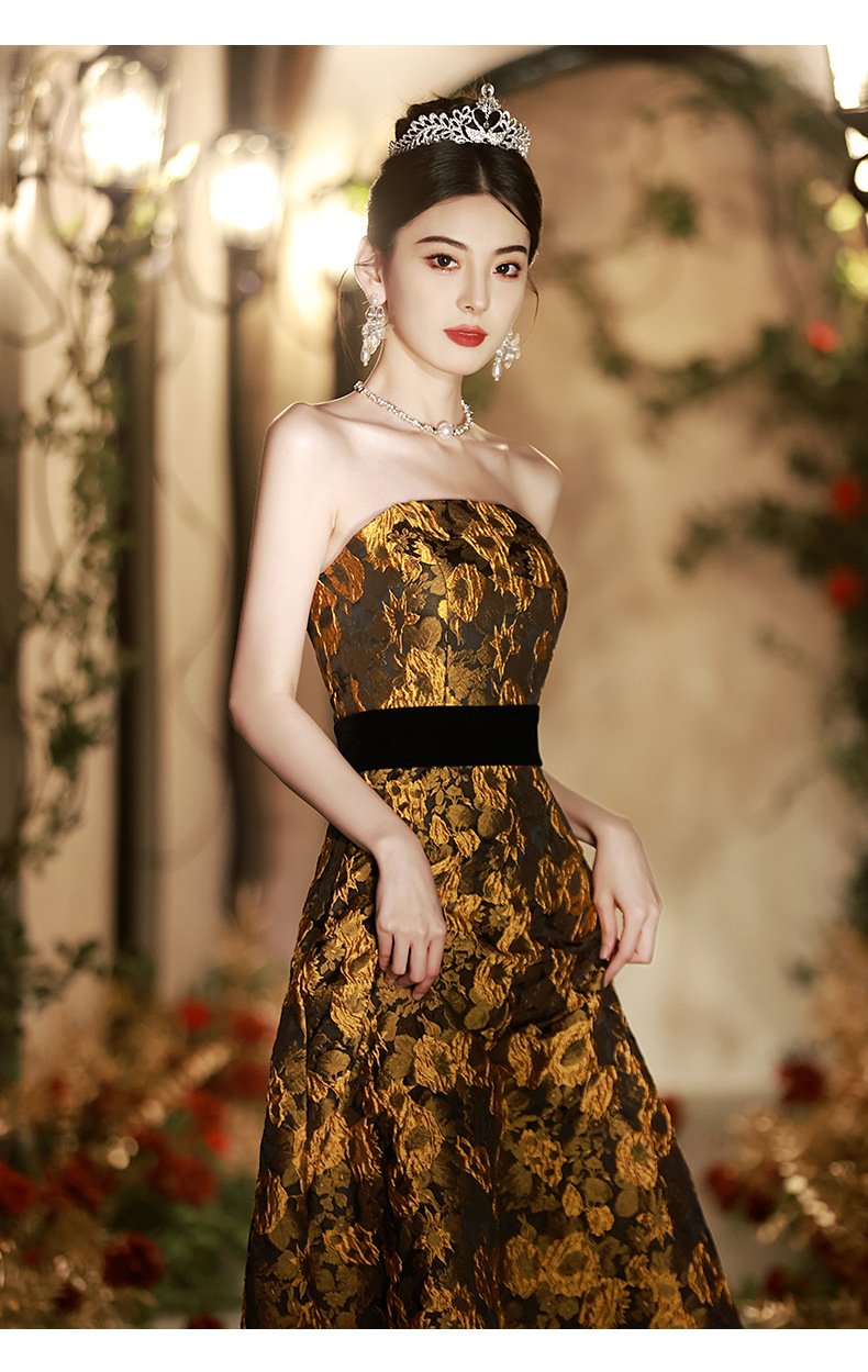 Đầm dạ hội nữ không dây phong cách Pháp, thiết kế ôm body đuôi cá, may đo cao cấp — Màu vàng chi tiết 15