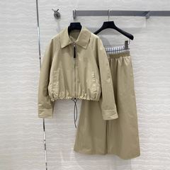 ファッション襟付きジッパー付き長袖ジャケット二重緩めウエストストレートワイドパンツカジュアルかっこいいセット