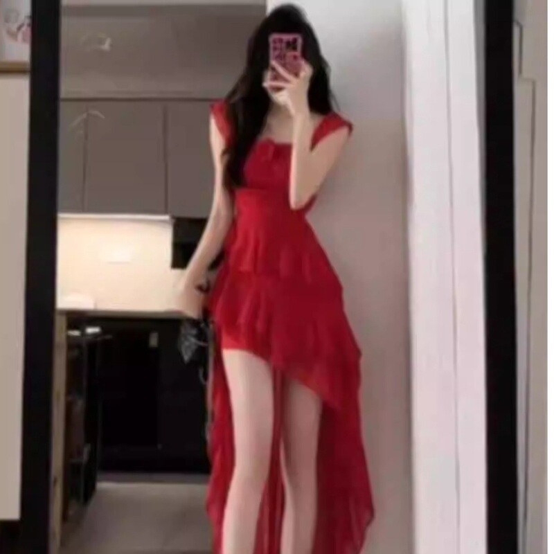 French-Style Pure and Sexy Irregular Red Suspender Dress for Women, New Summer Model, Seaside Resort Style, Slimming Long Dress French-Style Pure and Sexy Irregular Red Suspender Dress for Women, New Summer Model, Seaside Resort Style, Slimming Long Dress