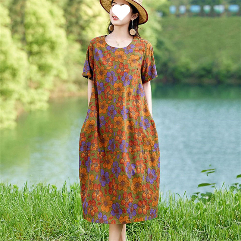 高级感棉麻连衣裙女夏新款时尚中老年妈妈气质宽松遮肚休闲直筒裙|undefined
