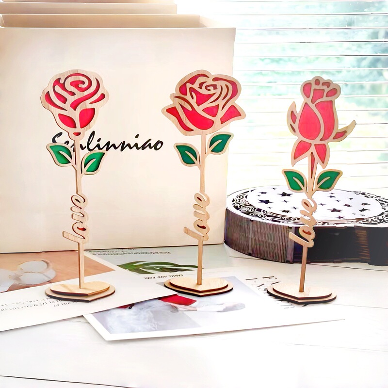 Cross-Border New Product New Wooden Rose Flower Love Ornament Mother's Day Women's Day Romantic Art Wooden Plaque Display Stand Manufacturer
