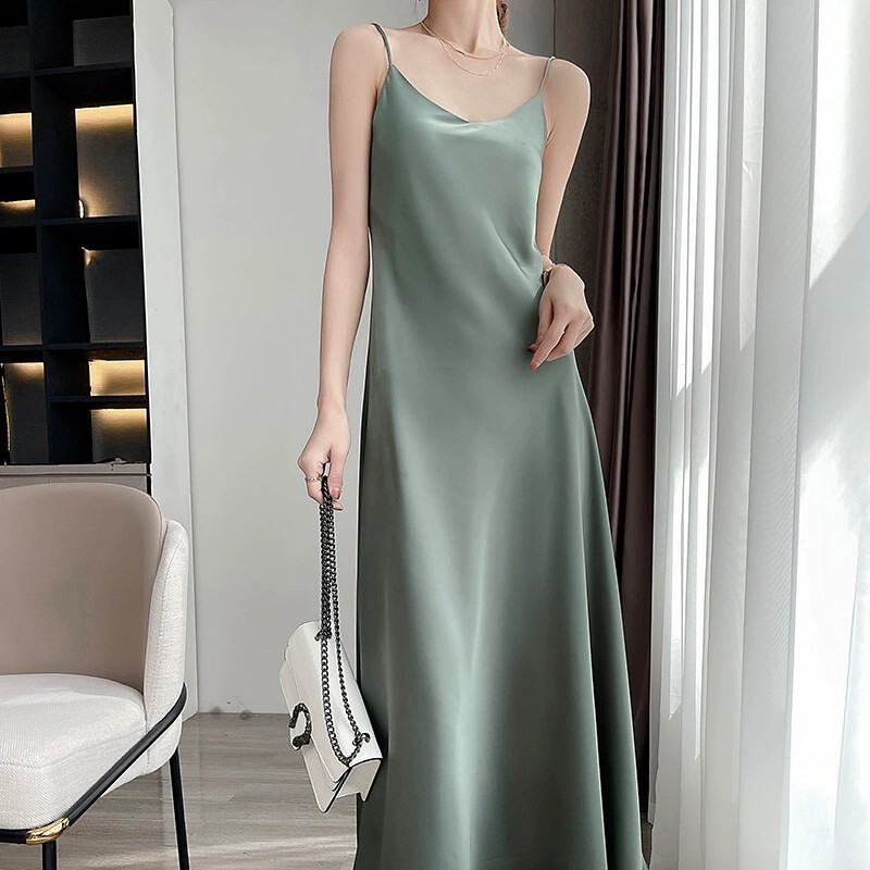 Triacetate Imitation Silk Suspender Dress for Women Summer Loose Inner Long Skirt French Design Fairy Satin Niche