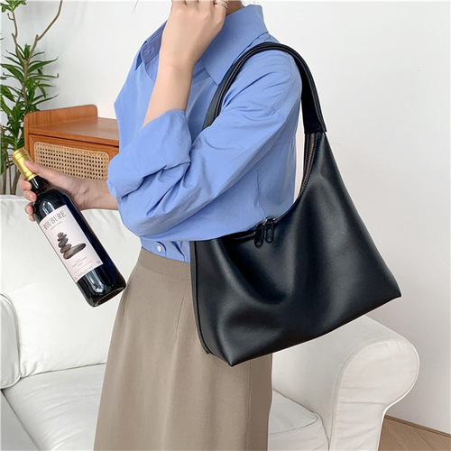 Korean fashion shoulder bag niche soft PU commuter bag high-end retro women's bag large capacity double zipper armpit bag