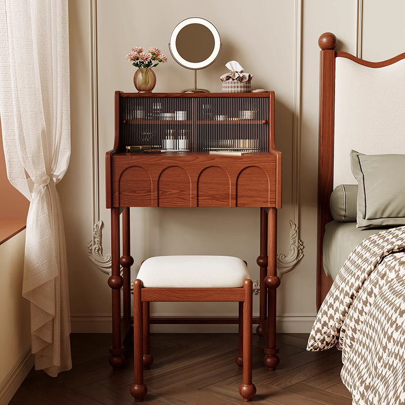 Tabla de maquillaje de madera maciza, dormitorio principal, pequeño tipo de esquina de pared muy estrecha, cabina de maquillaje, meseta de maquillaje retro medieval