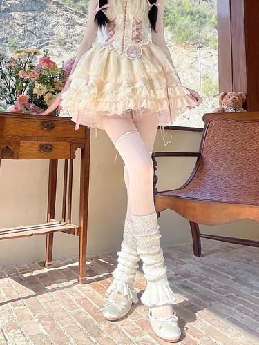 芭蕾风纯欲堆堆袜辣妹腿套奶白色洛丽塔袜套丝带蝴蝶结镂空花边袜