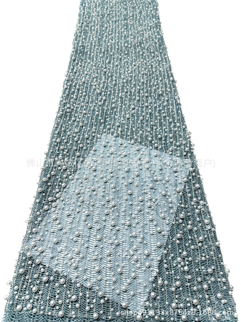 Tejido de malla de perlas hechas a mano de alto grado ondulado vertical tridimensional bordado de perlas vestido de boda tela de diseño
