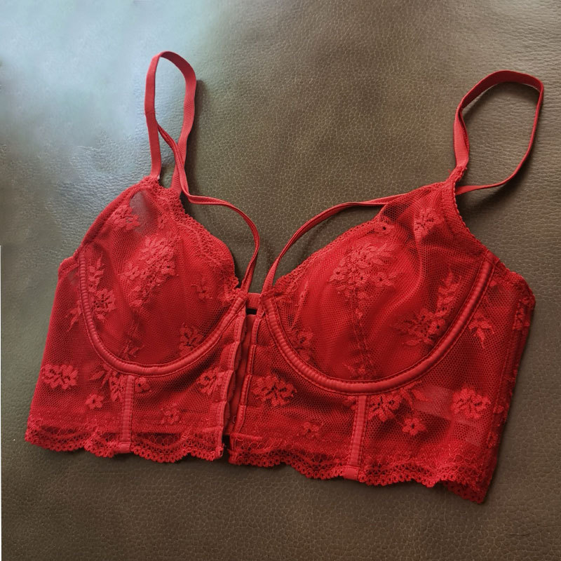 2022 New Sweet Floral Front Buckle Underwear Big Chest Small Sexy Gather Beautiful Back Backless Bra Set