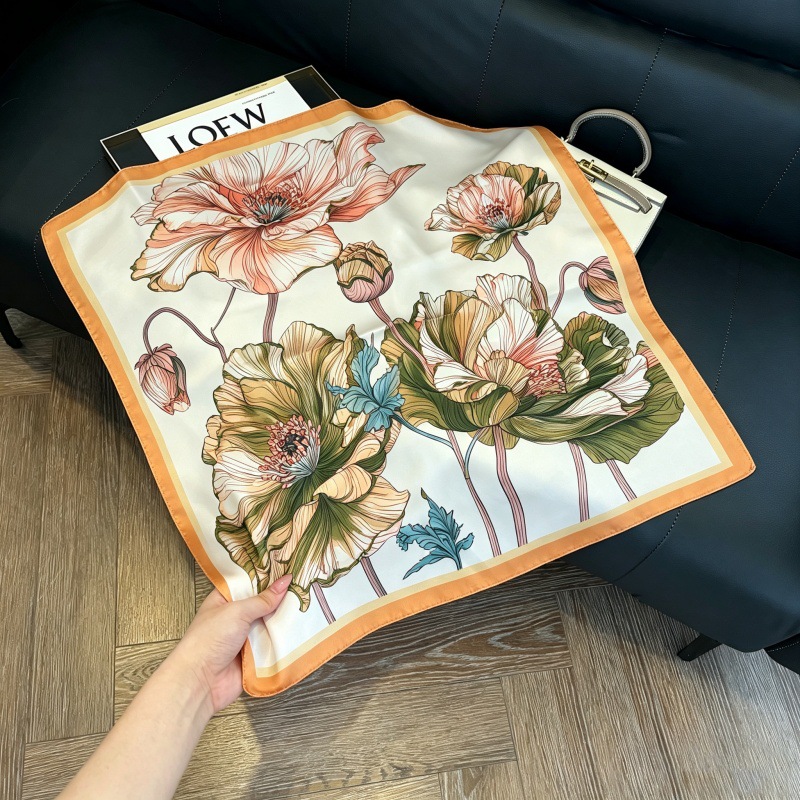 Colección 70*70 nuevo estilo bufanda de seda azul sensación de alta calidad imitación bufanda cuadrada de seda moda todo-fósforo bolsa atada bufanda de pelo