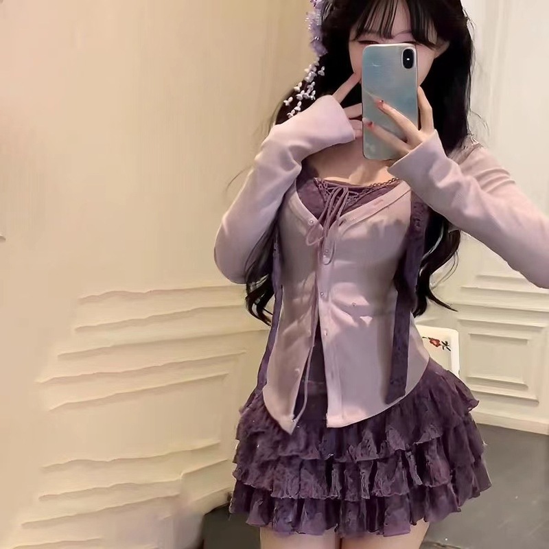 辣妹紫色春夏两件甜辣新款针织设计显瘦开衫半裙半身裙上衣套装女|undefined