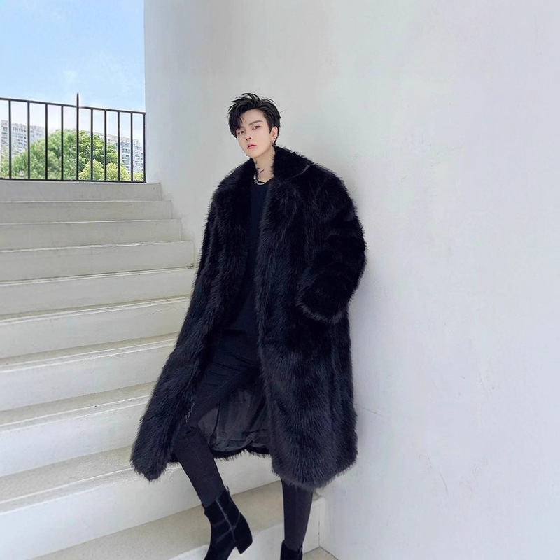 Wholesale European and American Cross-Border Faux Fox Fur Men's Fur Coat, Extra-Long Trendy Oversized Business Jacket, Men's Trench Coat
