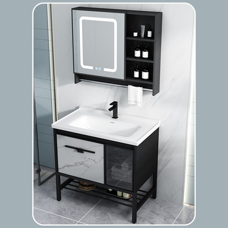 De aluminio espacio pequeño apartamento baño gabinete combinación piso-tipo integrado de cerámica de lavado de manos roca placa lavabo espejo inteligente lavabo del gabinete