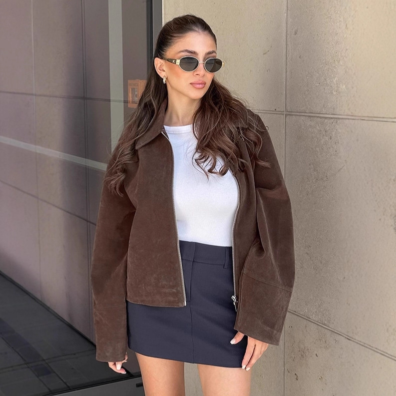 复古美拉德棕色麂皮绒外套女2025秋季通勤宽松翻领夹克设计感女装|undefined