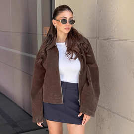 复古美拉德棕色麂皮绒外套女2025秋季通勤宽松翻领夹克设计感女装