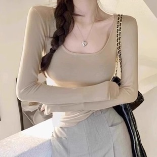 Pure Sexy Collarbone Tight U-neck Base Shirt Women's Spring and Autumn New Inner Short Top Slim Long-sleeved T-shirt