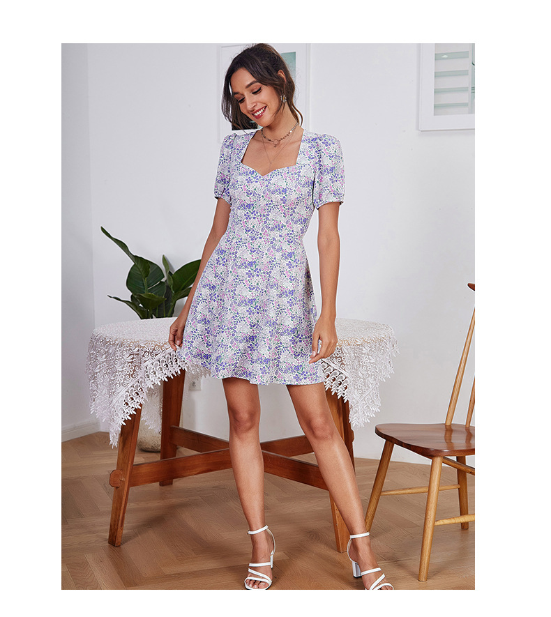 Short Sleeve Square Neck Backless Floral Dress NSGHW115971