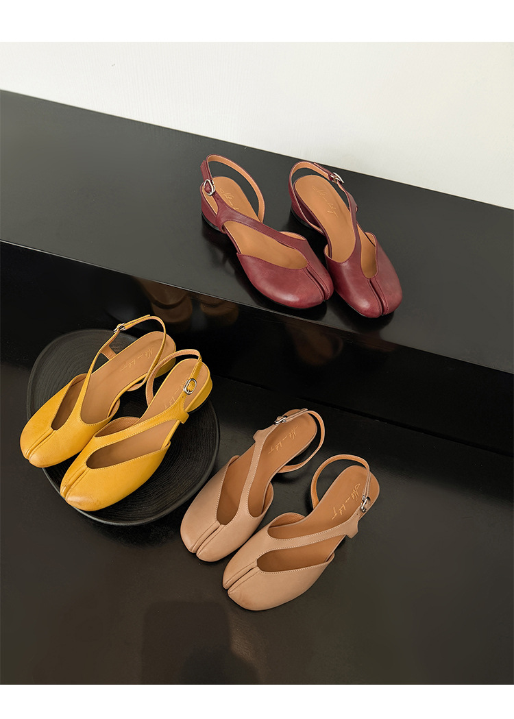 Sandal nữ da trâu chia ngón chân mũi trùm đế bệt — Đỏ (cao 1cm) chi tiết 25