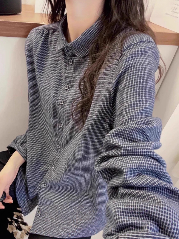 法式小格子长袖衬衫女春秋新款小个子复古灯笼袖翻领开衫衬衣上衣|undefined