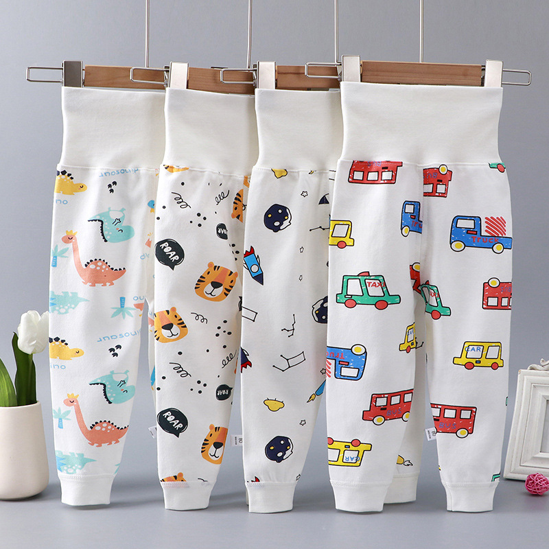 Baby high-waisted belly-protecting pants, pure cotton single-piece pajama pants for spring, autumn, and winter&mdash;drawstring pants for boys and girls, children, and babies; thermal underpants.