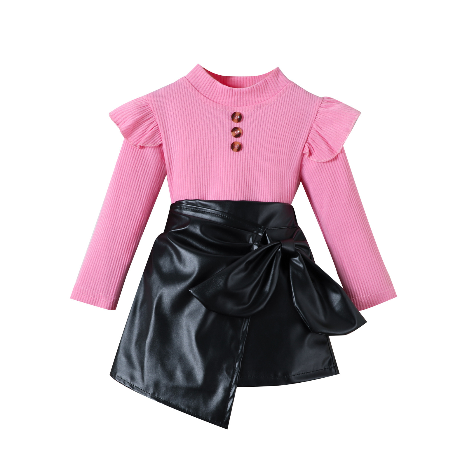 유럽과 미국의 아동복 소녀 가을 패션 비행 소매 풀오버 탑 PU 가죽 활 불규칙한 치마 세트