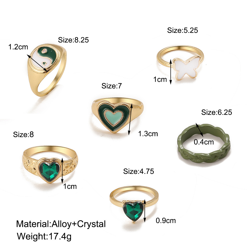 European and American new green dripping oil Tai Chi zircon heart ring 6piece setpicture1