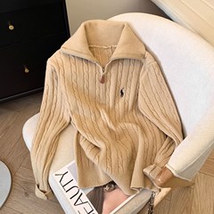 韓国スタイルのポニー刺繍ハーフジップラペルセーター女性の秋と冬厚みのあるソフトワックスニットセーターレイジーツイストトップトレンディ