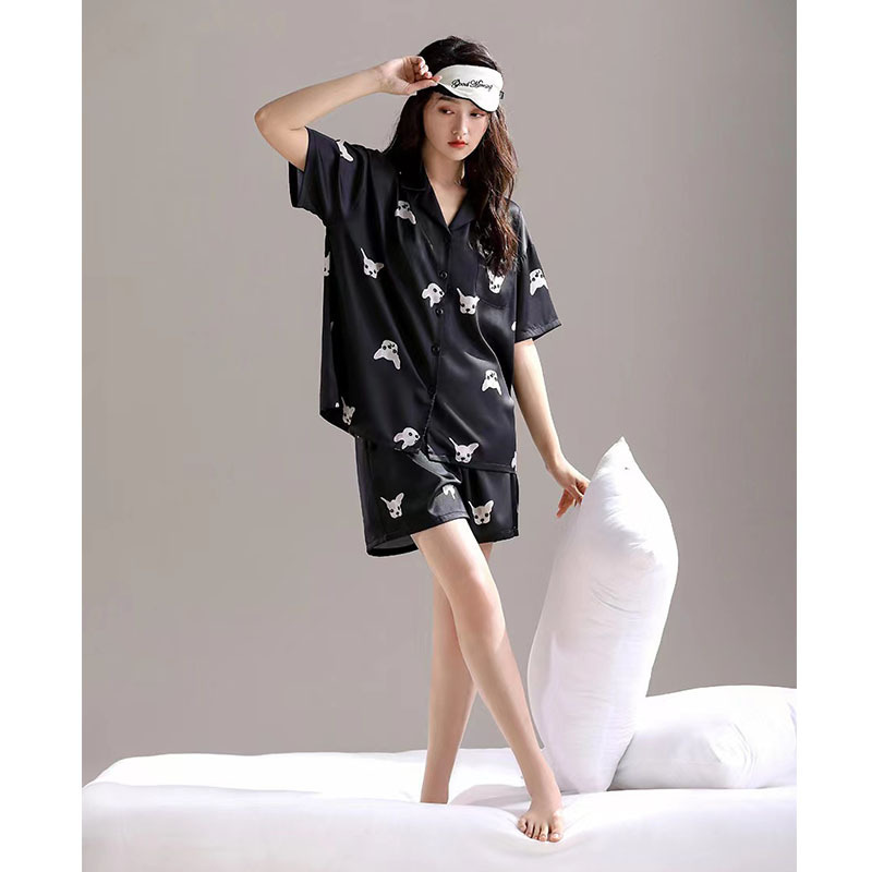 White Deer Same Style Couple Pajamas Embroidered Bulldog Black Dog Simulation Silky Men's Short-sleeved Thin Ice Silk Suit White Deer Same Style Couple Pajamas Embroidered Bulldog Black Dog Simulation Silky Men's Short-sleeved Thin Ice Silk Suit
