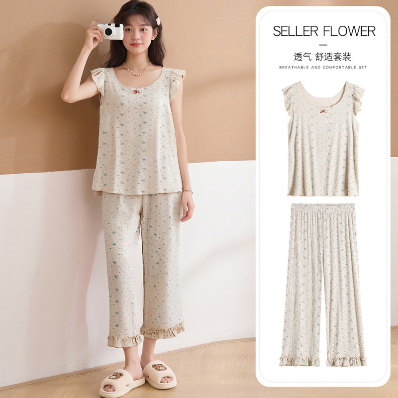 [Customized] Korean Flower Pajamas, Women's Home Clothes, Sleeveless Cropped Pants That Can Be Worn Outside, Elastic, Large Size and Breathable