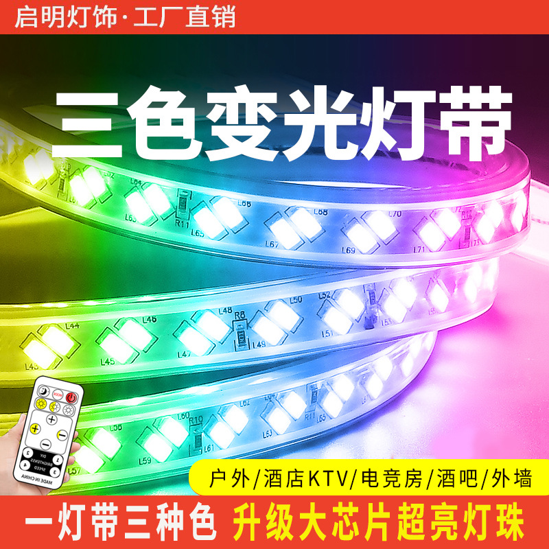 灯带led灯条三色变光家用变色客厅吊顶220V户外防水rgb长条软七彩