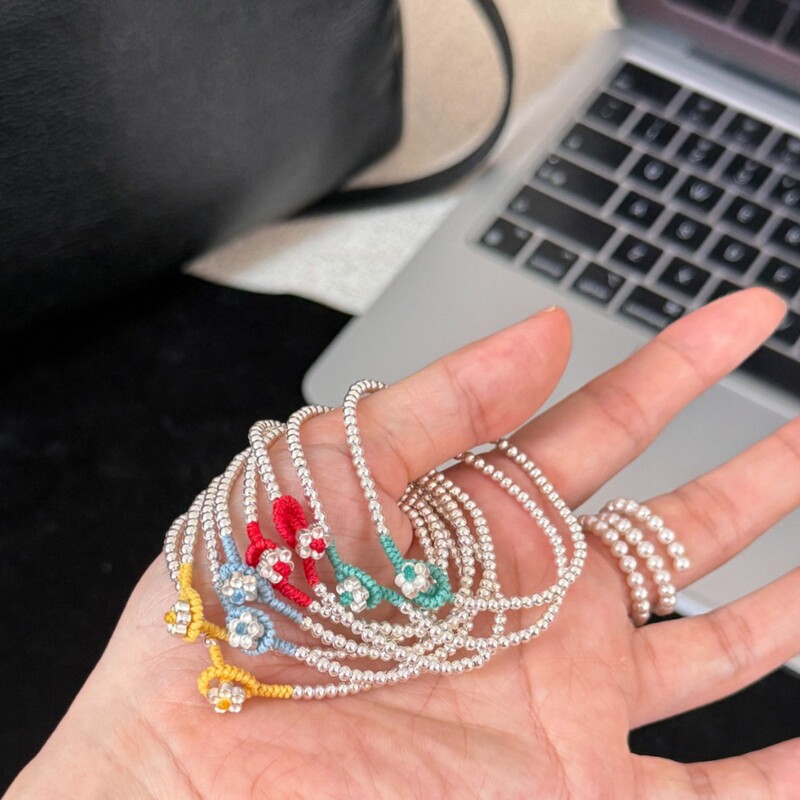 Exquisite retro dopamine-colored S925 sterling silver 2.5mm ultra-fine small flower beads handmade woven rope bracelet Exquisite retro dopamine-colored S925 sterling silver 2.5mm ultra-fine small flower beads handmade woven rope bracelet