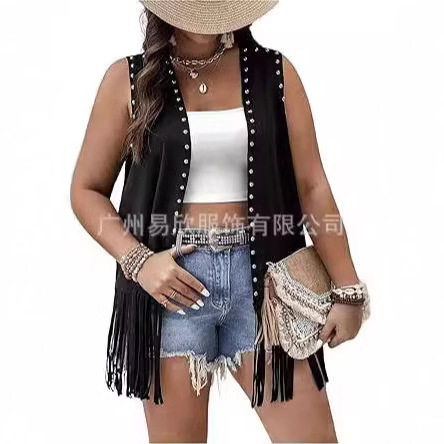 2025 Amazon European and American Cross-border Women's Sleeveless Tassel Jacket Comfortable Rivet Jacket Coat S-XXXL Size