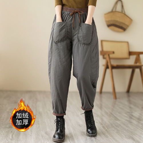 Original literary cotton pants for women 2024 autumn and winter new style loose slimming fashionable casual versatile clip-on harem pants for women