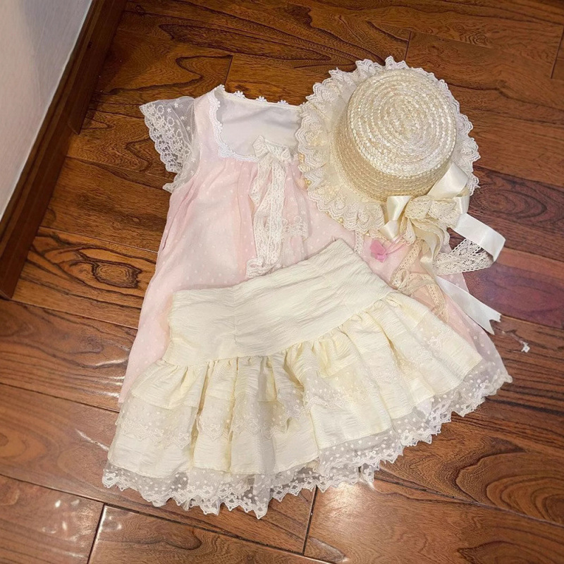 New Two-Piece Sweet Short Skirt Set T-Shirt Lace Japanese Style Summer Vintage Flutter Sleeve Nana-Style Top
