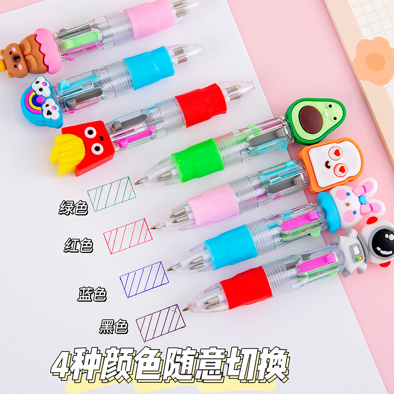 Fuente transfronteriza dibujos animados bolígrafos de cuatro colores adorables estudiantes mini bolígrafos de papelería de aprendizaje regalos de recompensa escolar