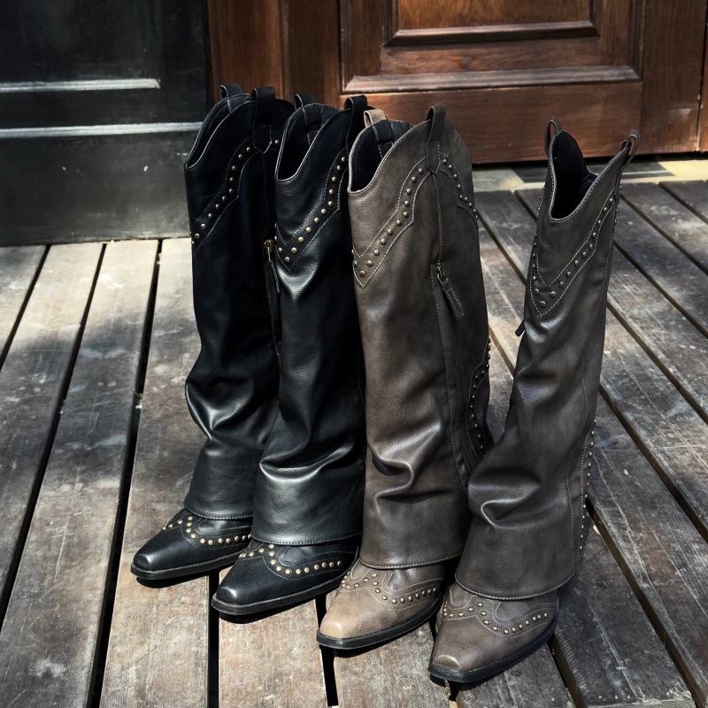 2025 Spring and Autumn Season New Pointed Rivet Trouser Sleeve Show Slim Western Cowboy Boots Thick Heel Side Zipper_voghion.com