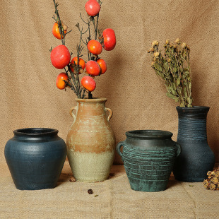 Chinese-style stoneware pottery jar vase flower ware fleshy flowerpot retro clay pottery breathable dried flower old clay jar crock jar
