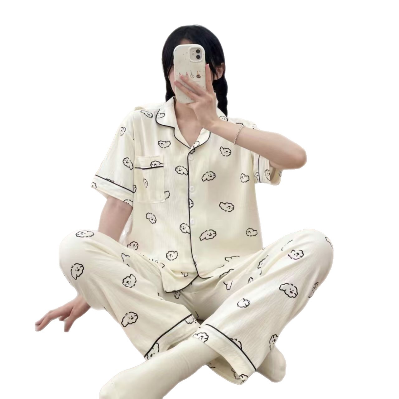 120G nubes algodón pijama casa ropa de mangas cortas pantalones largos set TK entidad transfronteriza pijama mayorista pareja verano