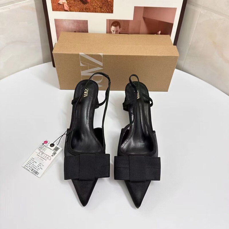 Za Early Autum New Black Pointed Toe Bow Thick Heel Back Strap High Heels Women's Toe-Cap Design Sandals