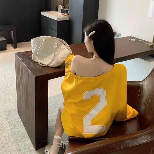 Alphabet print off-shoulder long-sleeved hoodie women's autumn new design loose medium-length casual large version top 
