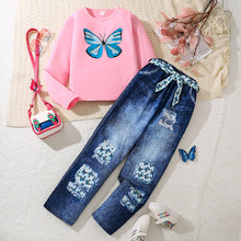 欧美女童套装跨境热销童装25春季新款蝴蝶印花长袖T恤仿牛仔长裤