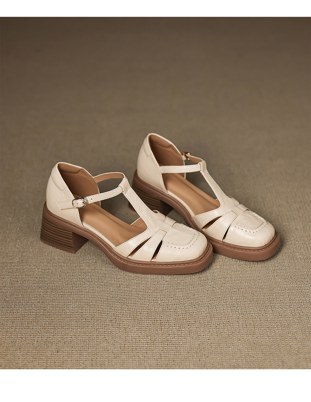 Sandal nữ quai hậu da thật dệt kiểu retro, gót dày, mũi nhọn, đế mềm — Màu trắng nhạt chi tiết 17