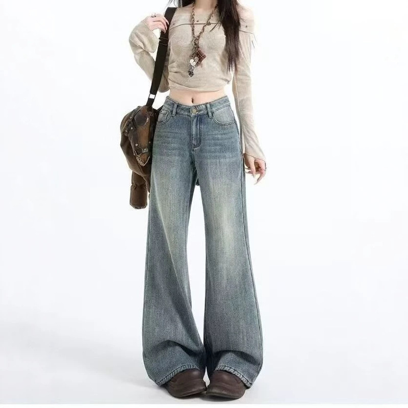 American Retro Flared Jeans for Women, Spring 2026, Loose Fit, Slimming, Trendy Straight-Leg Casual Wide-Leg Floor-Length Pants