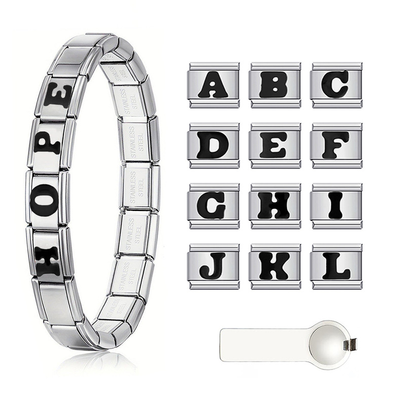 Popular Stainless Steel Italian Modular Bracelet with 26 Black Letter Series Pattern Modules DIY Popular Stainless Steel Italian Modular Bracelet with 26 Black Letter Series Pattern Modules DIY