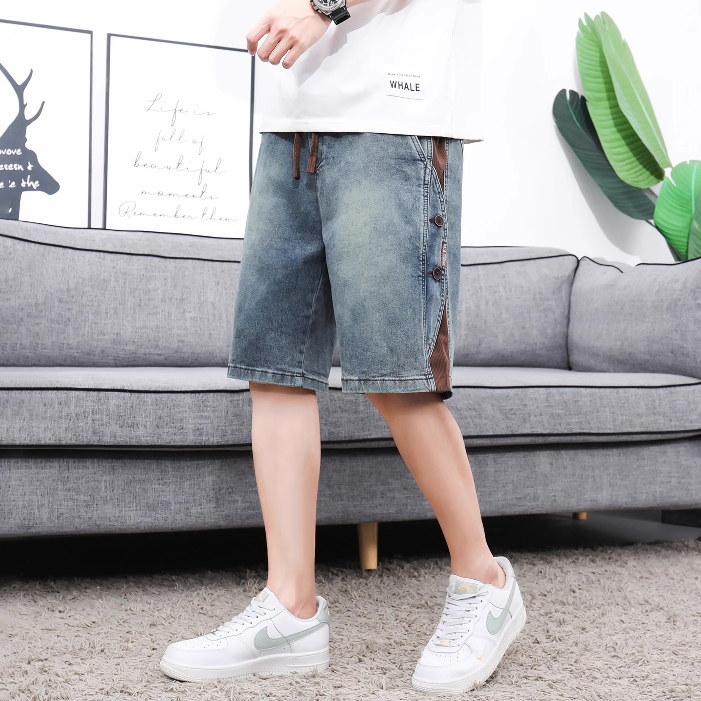 Pantalones Cortos Vaqueros para Hombre de Algodón Corte Recto para Uso Diario