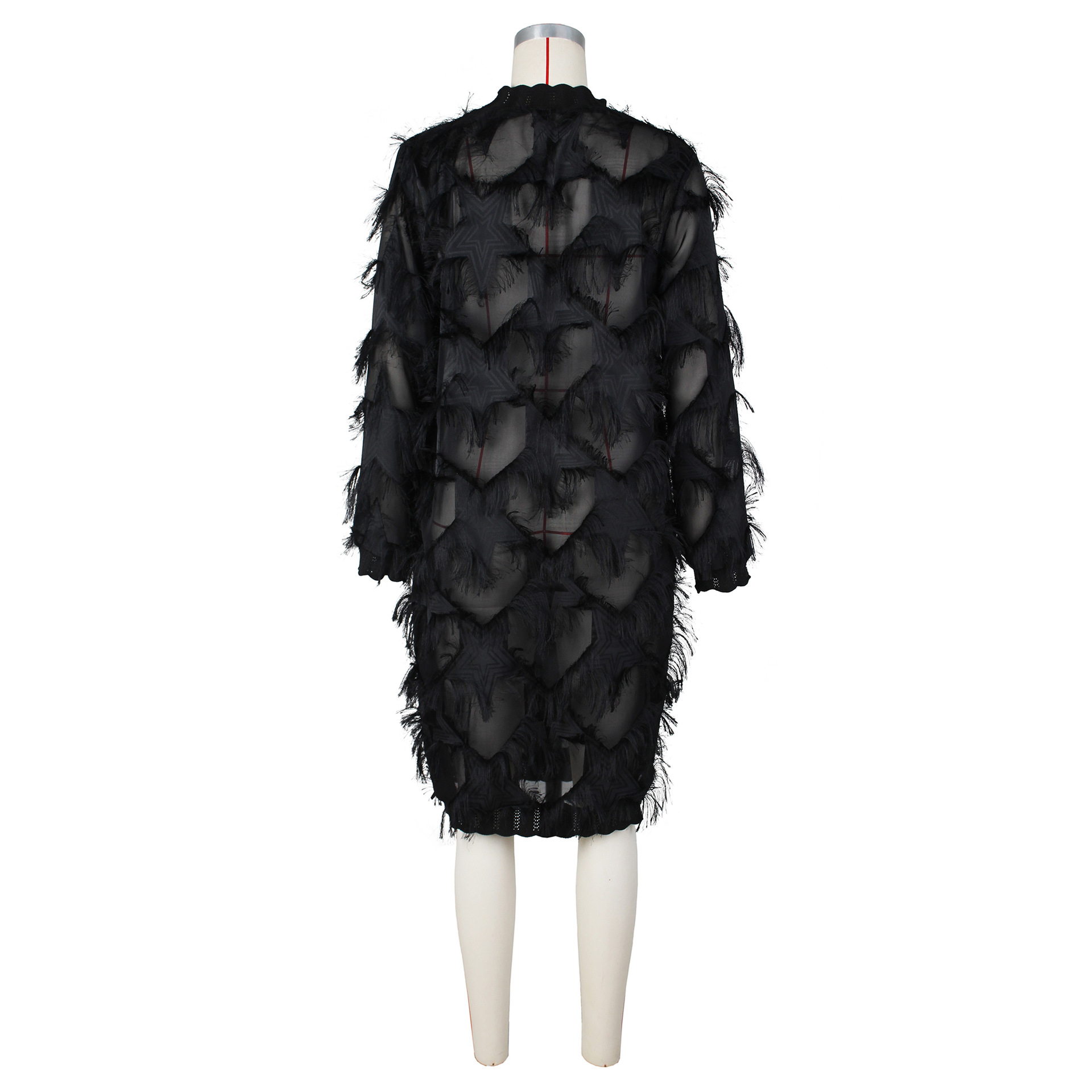 Spring Summer Chiffon Tassel Thread Lace Stand Collar Mid Length Loose Dress