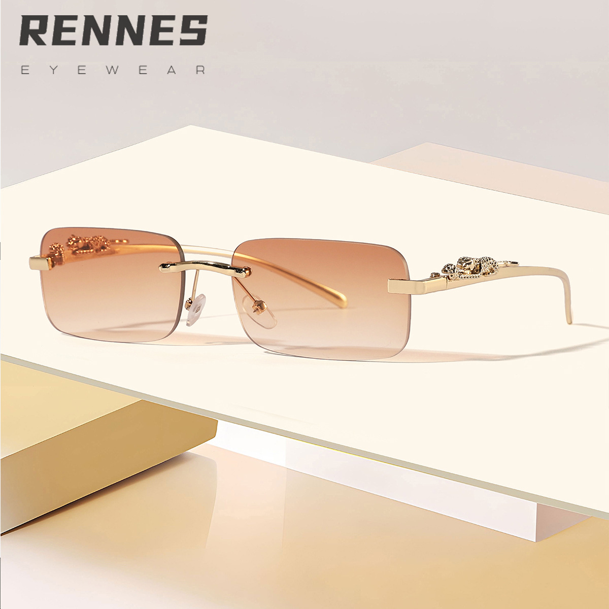 Moda europea y americana nuevas gafas de sol rectangulares sin marco Gafas de sol decorativas de leopardo de personalidad masculina Gafas de sol de tendencia transfronteriza