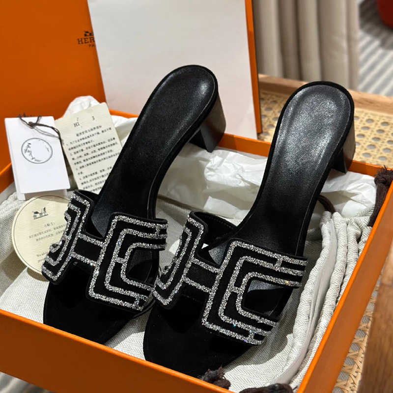 H Rhinestone Thick Heel Slippers for Women 2025 Summer New European and American High Heels One-Line Outer Wear Fairy Elegant Beach Sandals