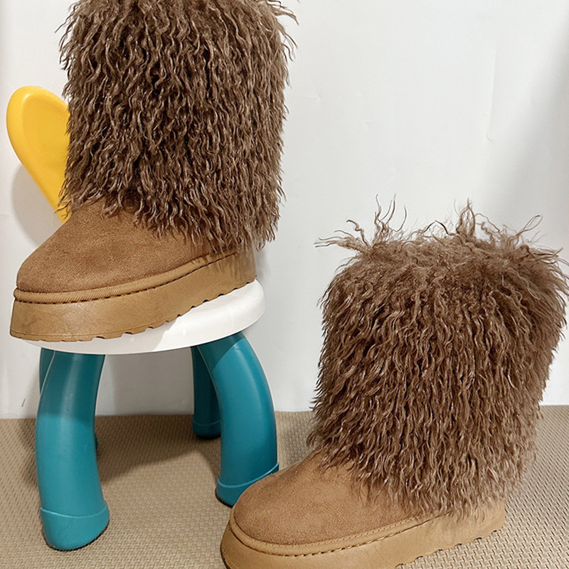 2024 botas de lana de tacones altos, zapatos de invierno para mujeres, botas de nieve de lana de alto perfil
