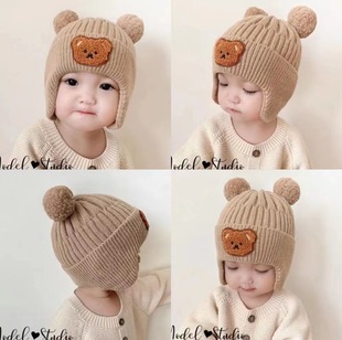 Baby wool hat cute bear earmuffs children's winter thickened warm knitted hat Korean style infant hat